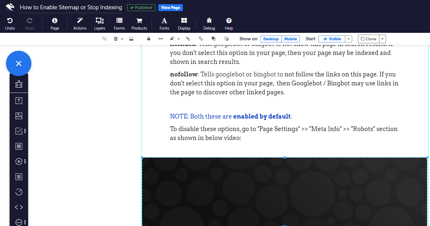 Gif explaining how to toggle noindex and nofollow for a page in Convertri